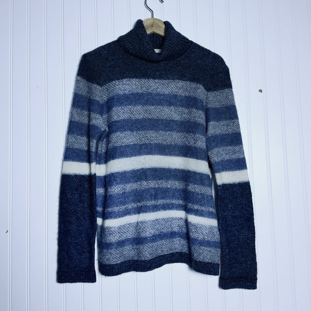NOT FOR SALE SOLD Tricia Blue Alpaca Wool Horizontal Striped Turtleneck Sweater - Picture 8 of 8
